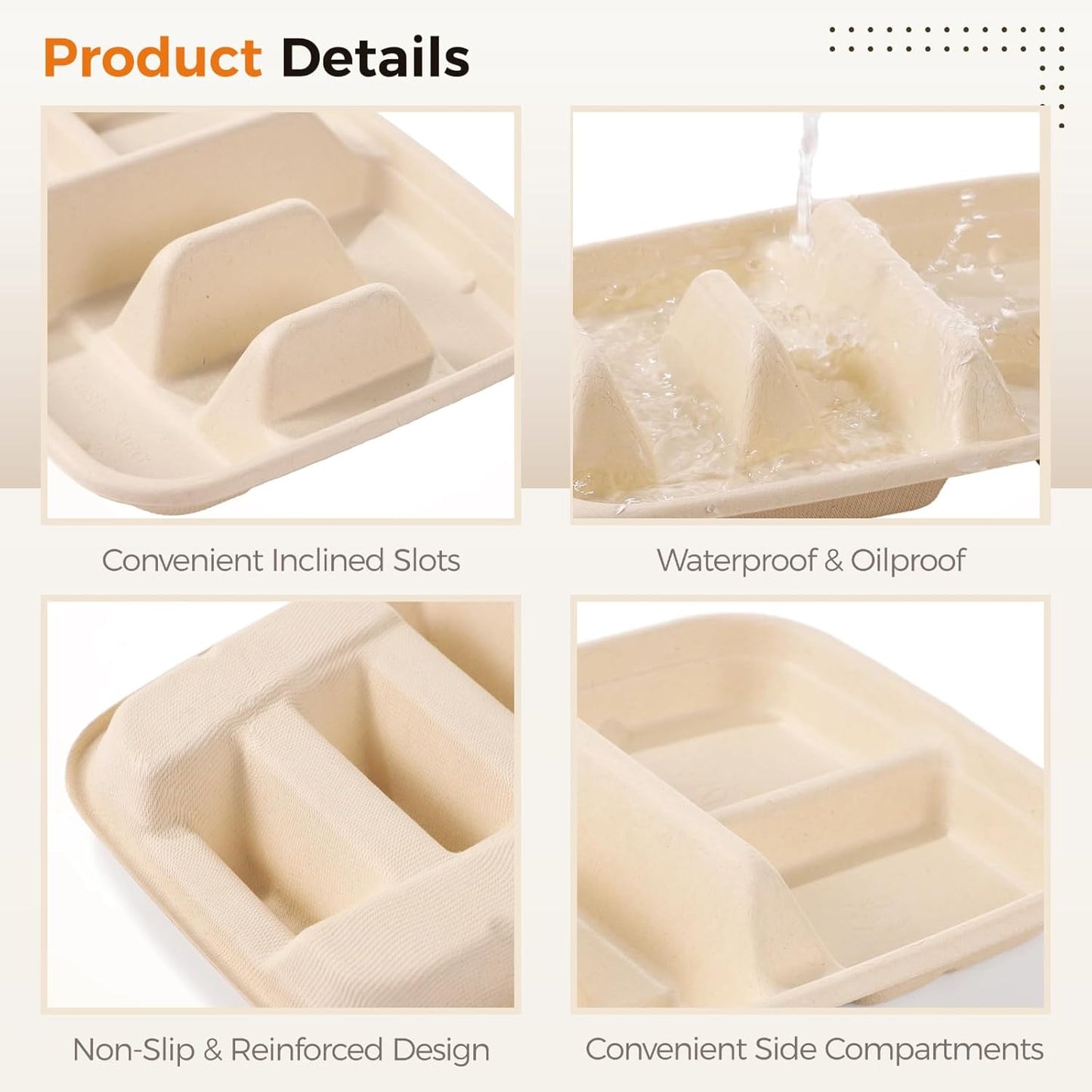 100 PCS Taco Plates Disposable, Bagasse Pulp 2-Slot Taco holder with Side Compartments, Safe Plant Fiber Tray for Taco Tuesday, Party, Sandwich, Hot Dog, Sauce & Snack Serving (With Compartments)