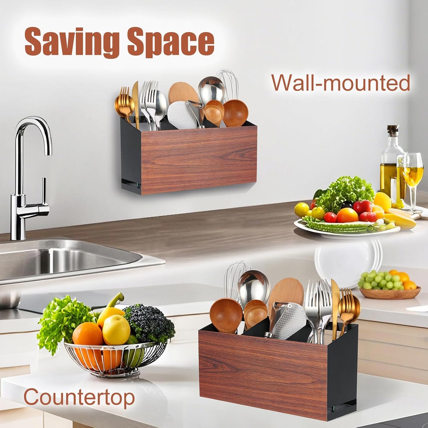 Utensil Holder Large Iron Flatware Container with 3 Compartments Countertop Wall-mounted Kitchen Utensil Storage (Black)