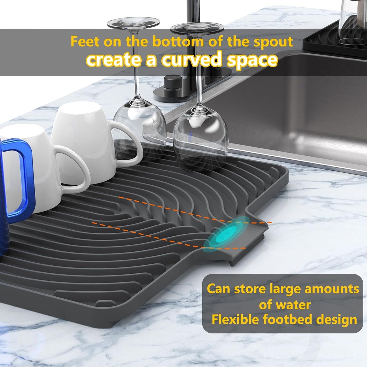 Kitchen Drying Mat, Raised Edge 18"×12"Silicone Dish Drying Mat with Drain Spout for Kitchen Counter, Kitchen Mat for Dishes Drying, (gray)