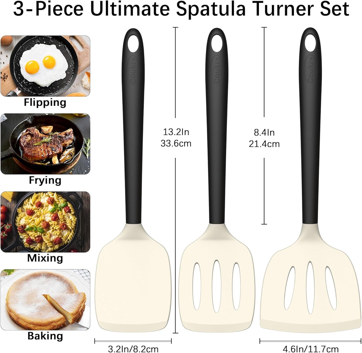 Coukre Silicone Spatula Set of 3, High Heat Resistant, BPA-Free, Kitchen Utensils, Fish Spatula, Solid & Slotted Turner for Non-Stick Pans, Flipping Eggs, Pancakes, Fish, Burgers (3, Beige)