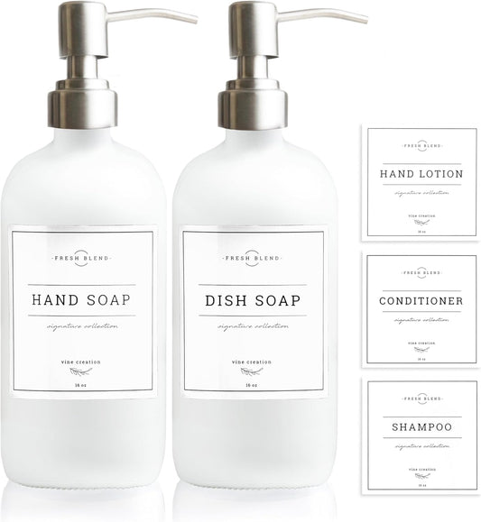 Vine Creations White Glass Soap Dispenser, 2 Pack Kitchen Soap Dispenser Set with Stainless Steel Pump, 16 oz Dish Soap and Hand Soap Dispensers for Bathroom with Waterproof Labels