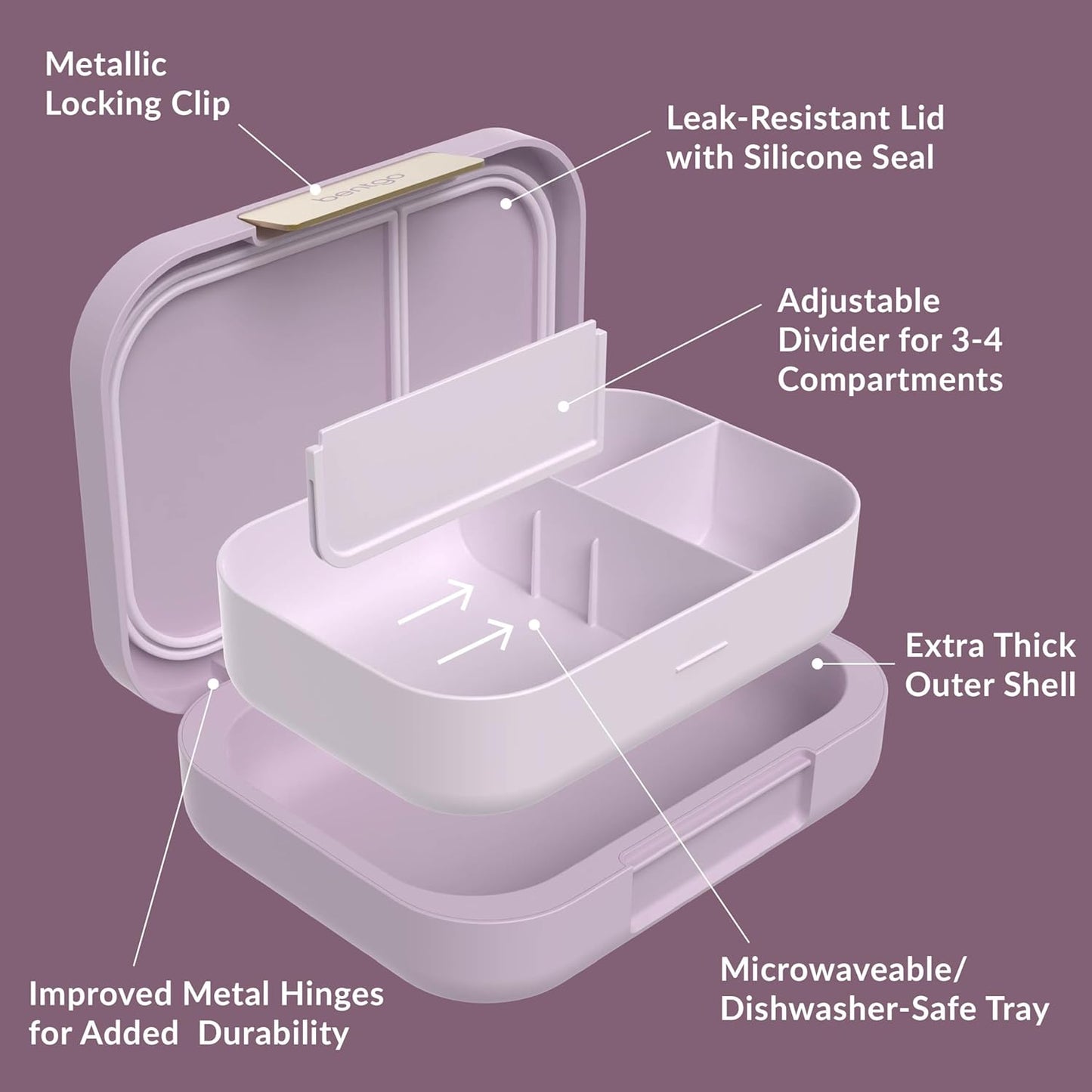 Bentgo Modern - Adult & Teen Bento Lunch Box; 3-4 Compartments, Leak-Resistant, 5.5 Cup Capacity/44 fl oz, Improved Locking Clips, Reusable, BPA-Free, Dishwasher/Microwave Safe Tray (Orchid)