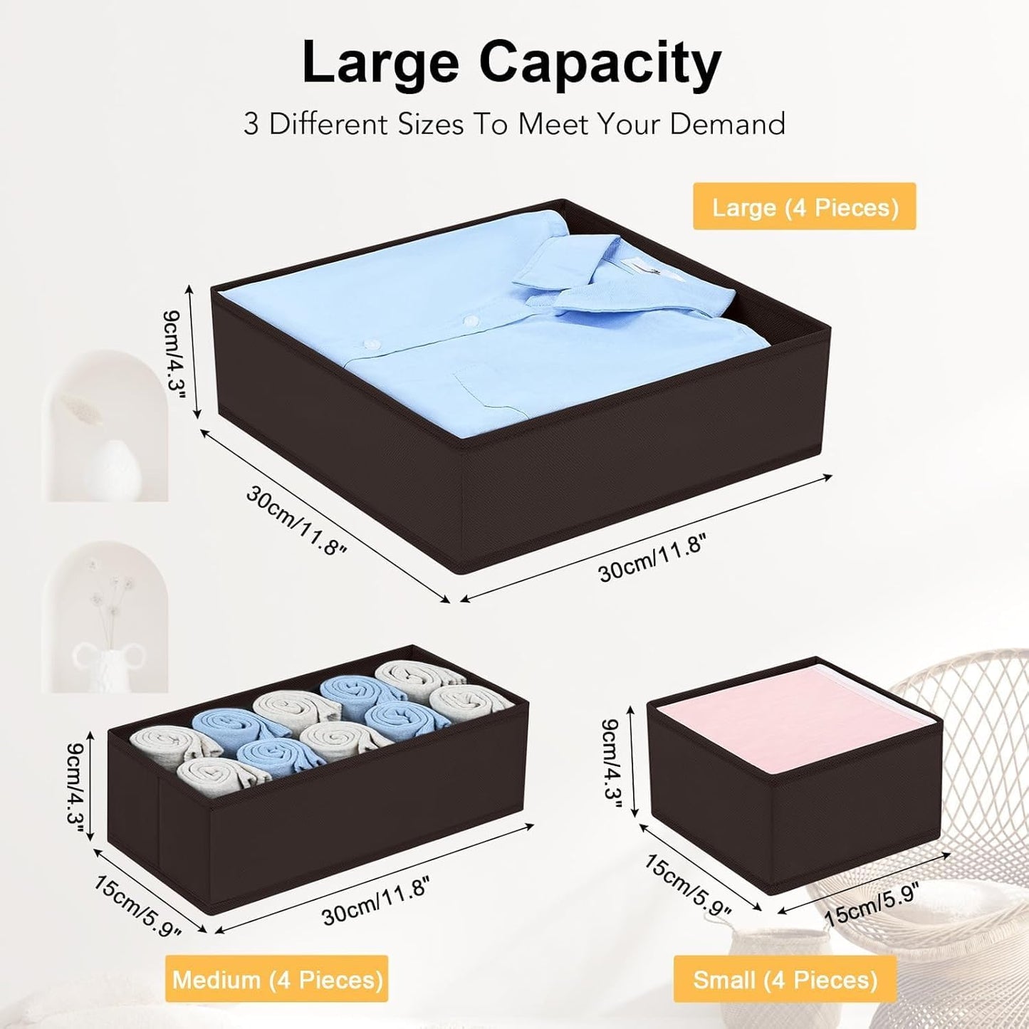 DIMJ Drawer Organizer 15 Pack - Foldable Baby Organizers and Storage & Dresser Organizer for Nursery, Bedroom, Closet - Nursery Organization Dresser Dividers for underwear, Sock, Bra, Belt, Tie, Brown