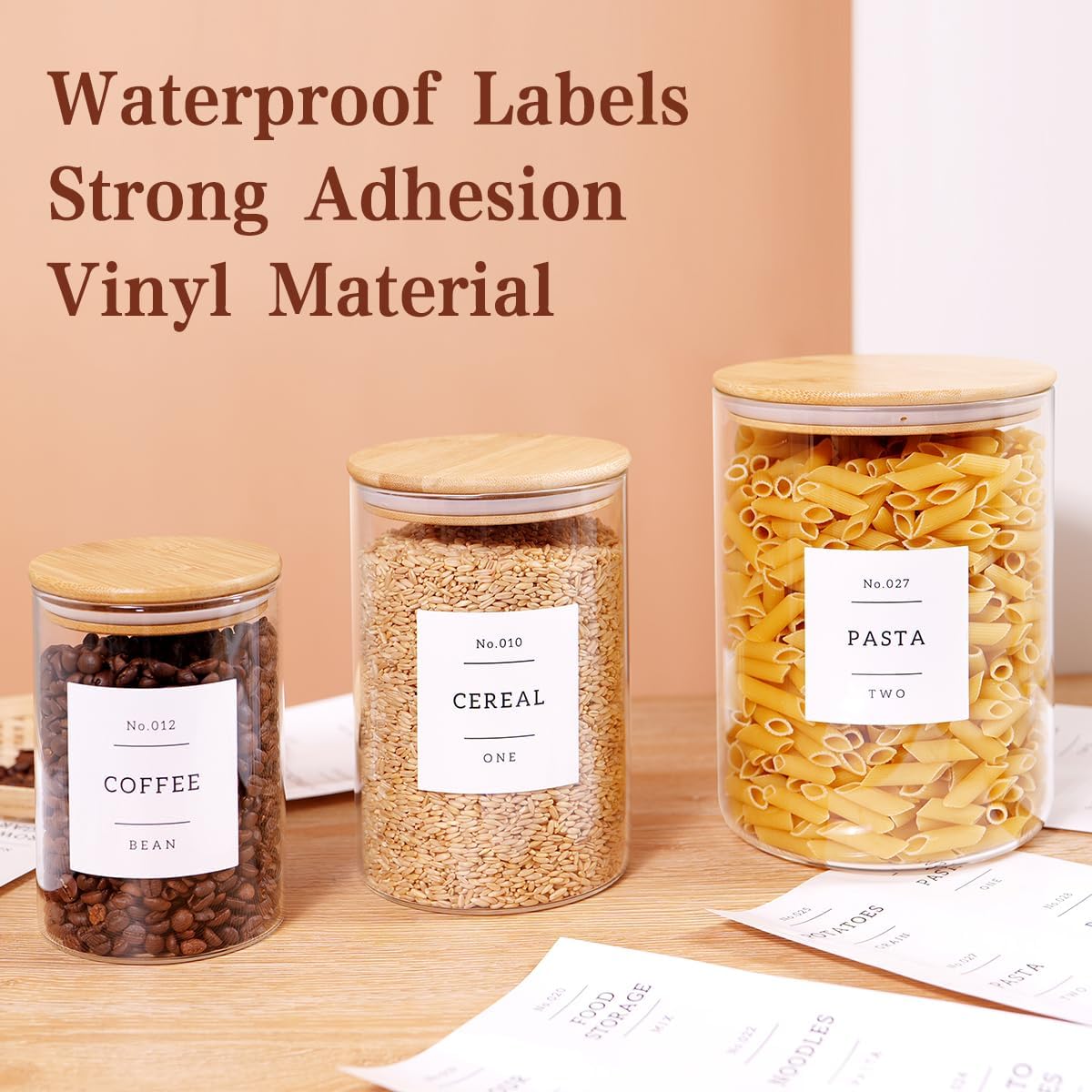 3 Pcs Glass Canisters with Airtight Bamboo Lids and 42 Kitchen Pantry Labels Preprinted - Clear Glass Flour and Sugar Storage Container Set - Large Glass Jars with Wood Lids(100 OZ/54 OZ/27 OZ)