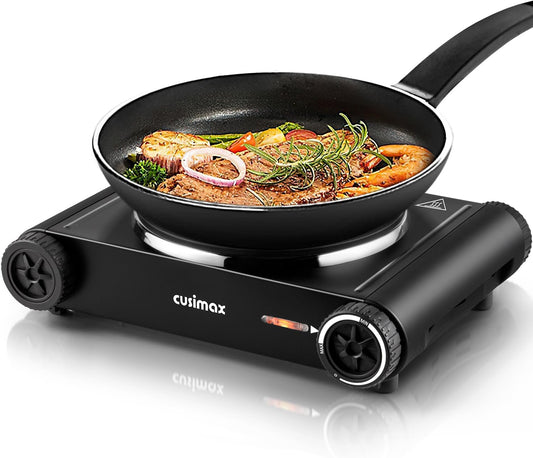 Cusimax Hot Plate,1500W Hot Plate Electric with 7.4″Cast Iron Countertop Single Burner,Electric Stove Top Burner for Cooking,Temperature Controls,Black