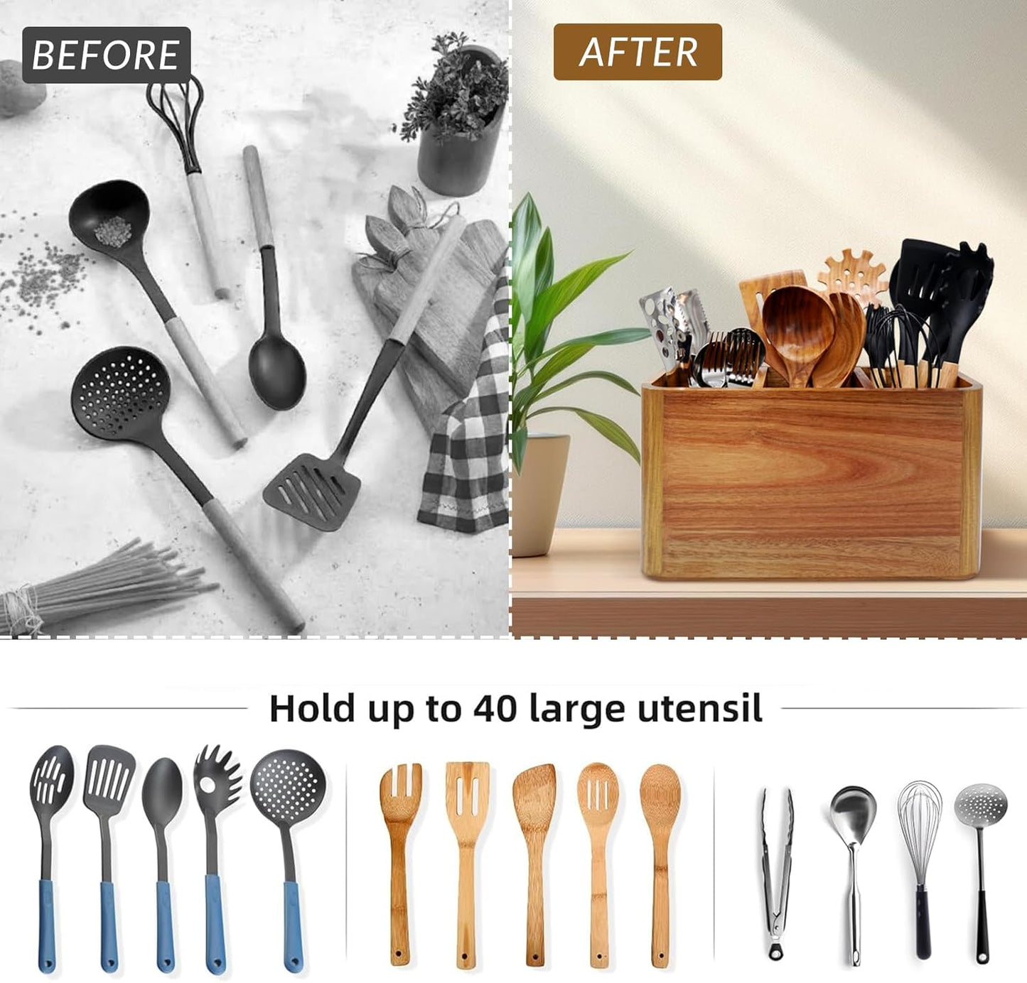 Wooden Kitchen Utensil Holder Organizer for Counter or Countertop, Large Wooden Utensil Holder for Storage Cooking and Silverware with 3 Compartment, Acacia Rustic Wood Container Extra Large