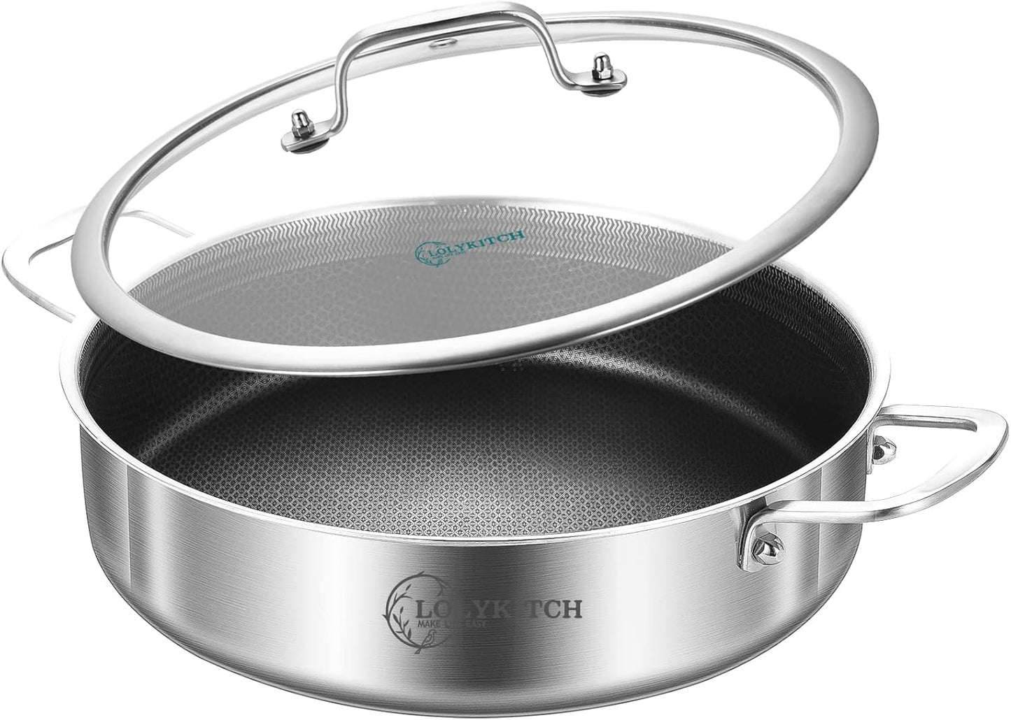 LOLYKITCH Tri-Ply Stainless Steel 10 Inch Non-Stick Sauté Pan with Lid,Induction Deep Cooking Pan, Dishwasher and Oven Safe