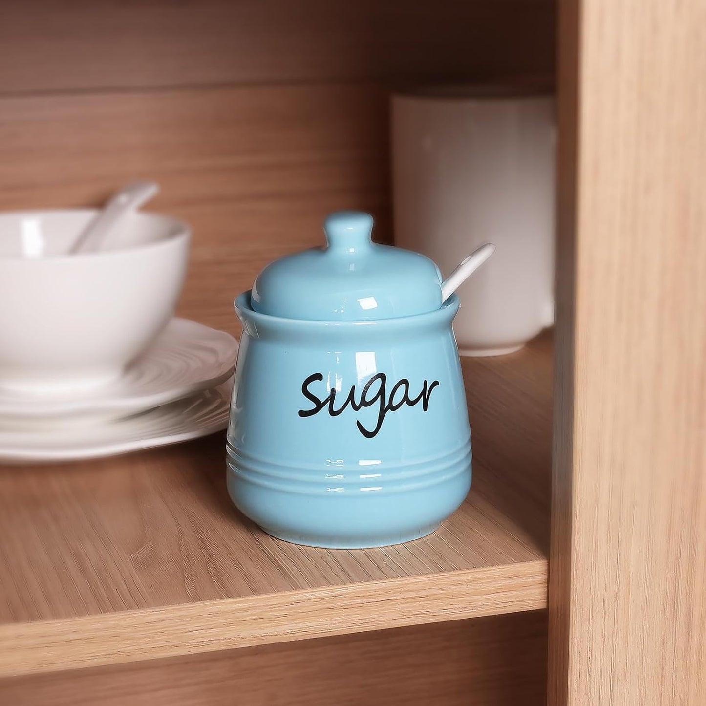 HAOTOP 12oz Sugar Bowl with Lid and Spoon,Ceramic Sugar Jar Sugar Dispenser Sugar Container Coffee Bar Accessories, Kitchen Countertop Canisters,Turquoise