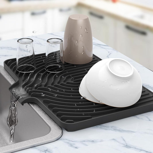 Kitchen Drying Mat,Raised Edge 18"×12"Silicone Dish Drying Mat with Drain Spout for Kitchen Counter, Kitchen Mat for Dishes Drying, (black)