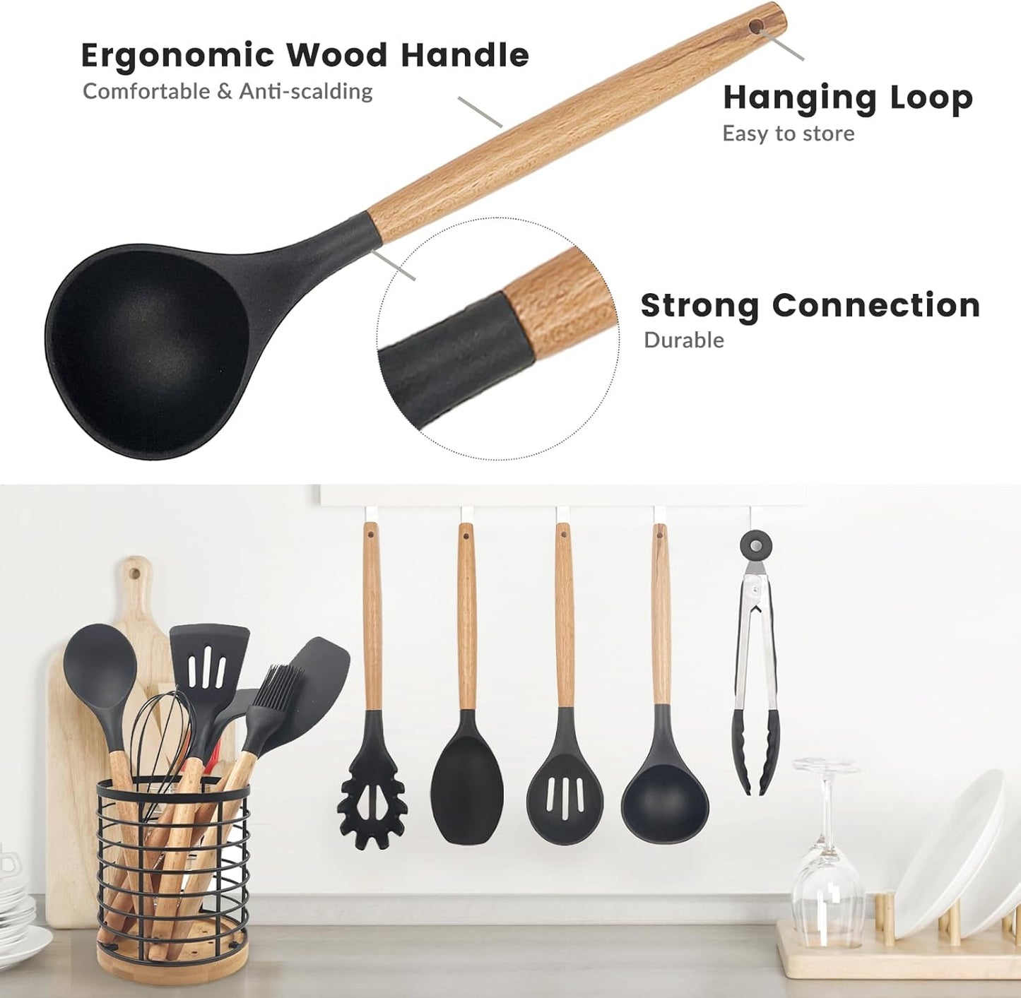 Daily Treasures 12PCS Kitchen Utensils Set,Cooking Utensils Set with Storage Holder,Kitchen Tools Made of Heat Resistant Food Grade Silicone and Wooden Handles for Nonstick Cookware