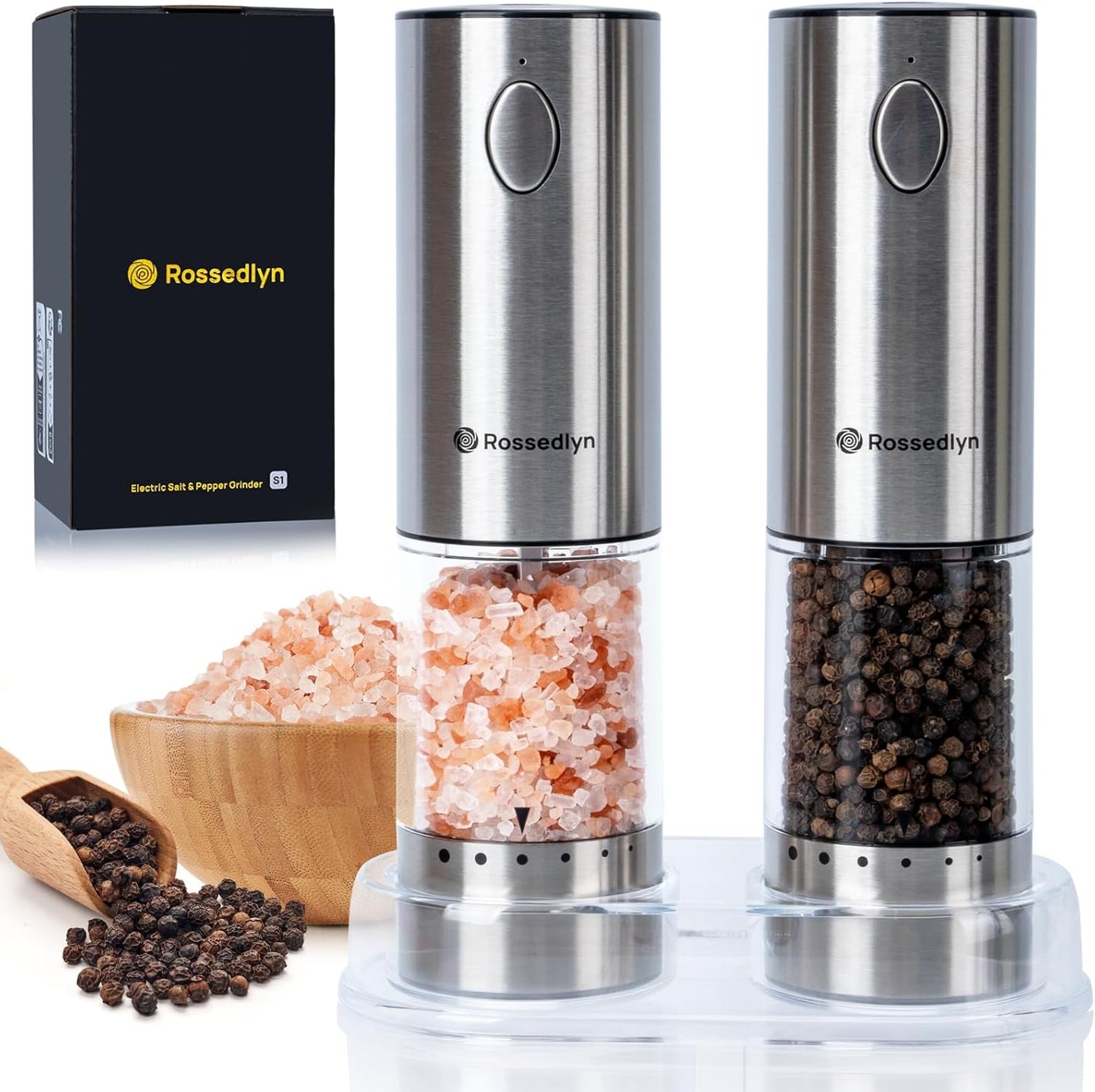Upgraded Larger Capacity Electric Salt and Pepper Grinder Set Rechargeable with LED Light, Stainless Steel Refillable Pepper Mill Set with 6 Adjustable Coarseness for Kitchen, Outdoor, BBQ