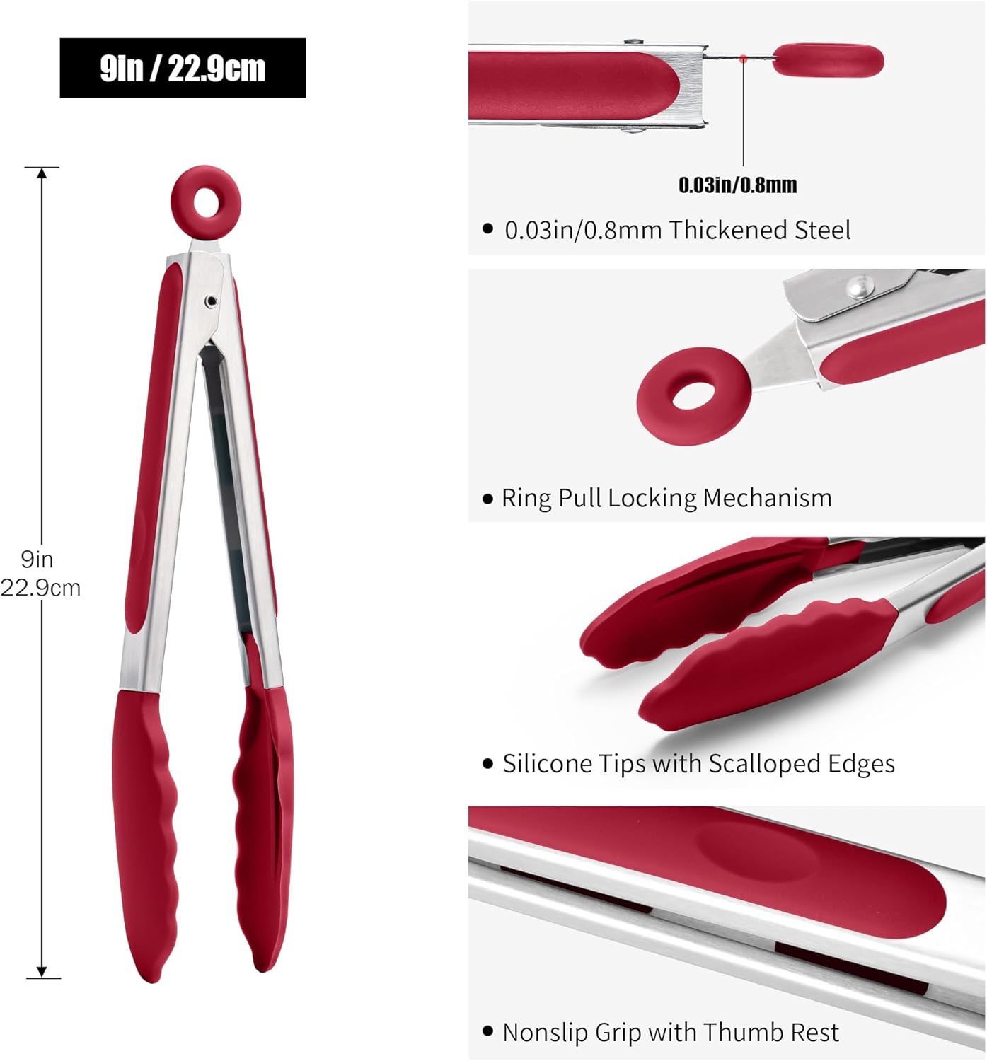 Doosu Kitchen Tongs for Cooking - 600°F Heat Resistant Food Tong with Non-Scratch Silicone Tips, Heavy Duty Stainless Steel Locking Tong for BBQ, Grilling Steak, Serving Salad, Pasta (9in, Red)