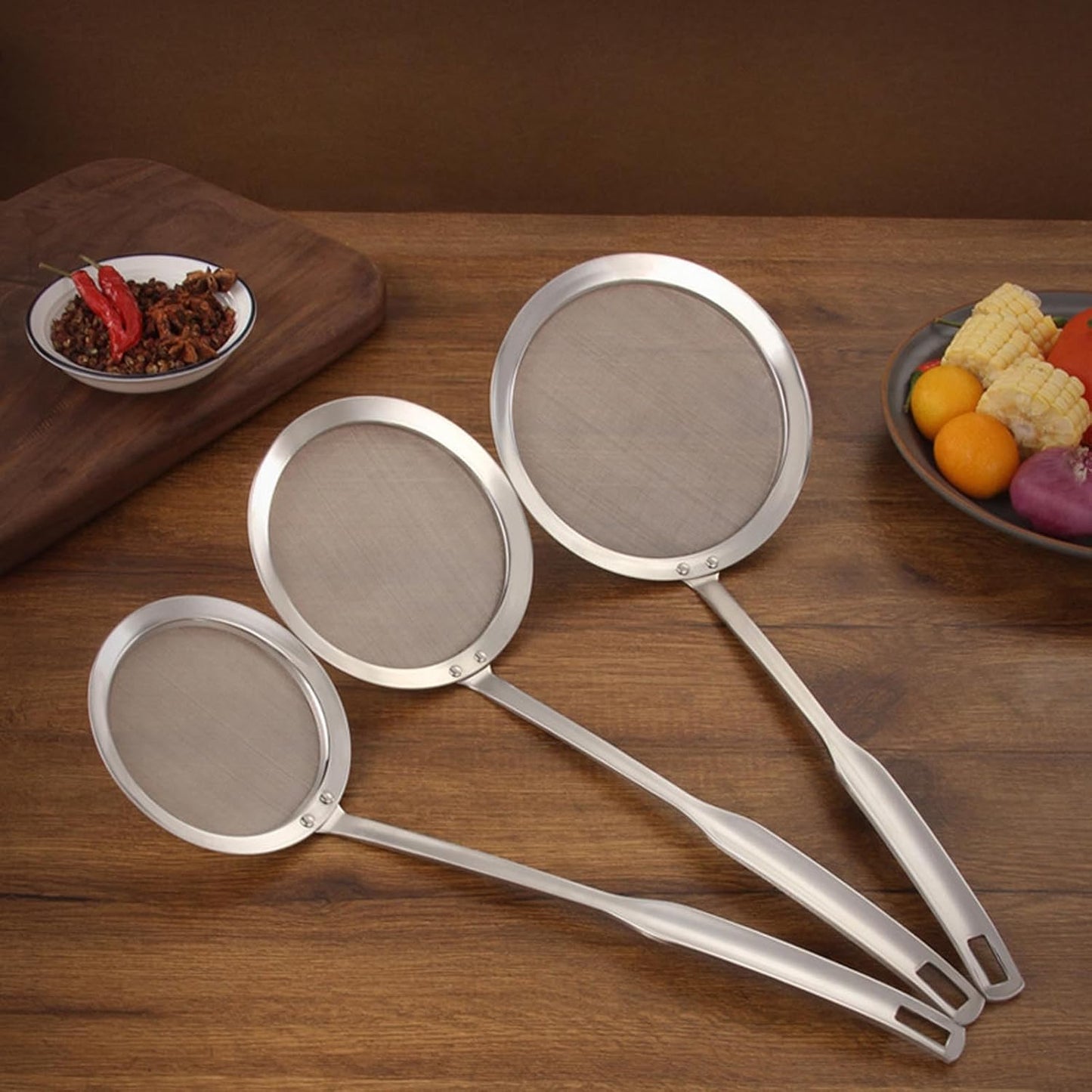 Stainless Steel Fat Skimmer Spoon, Kitchen Fine Mesh Food Strainer and Hot Pot Skimmer with Long Handle for Skimming, Cooking, Frying, Grease, Gravy and Foam (4" Fine Mesh Skimmer)