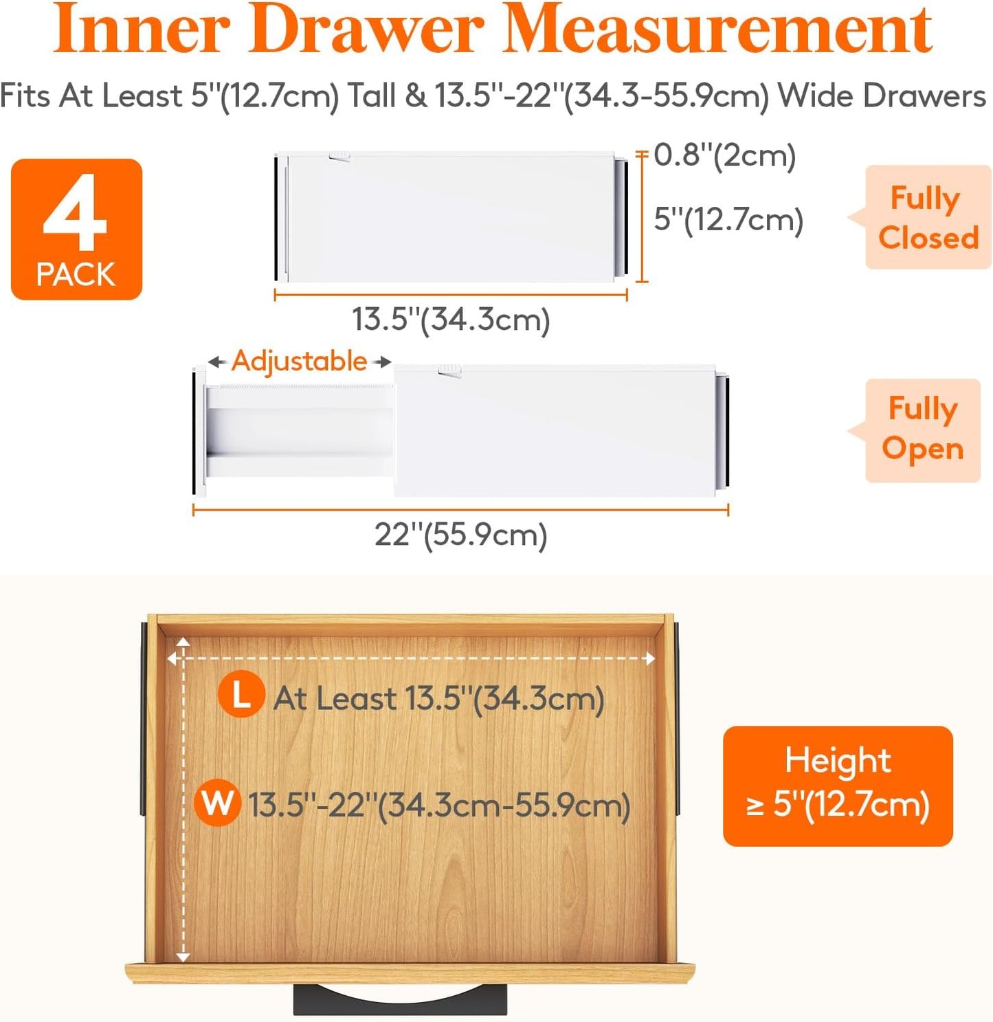 Lifewit 4 Pack Drawer Dividers Plastic 5" High, 13.5-22" Adjustable Drawer Organizers for Clothes, Expandable Dresser Separators in Bedroom/Bathroom/Kitchen/Fridge/Office Organization and Storage