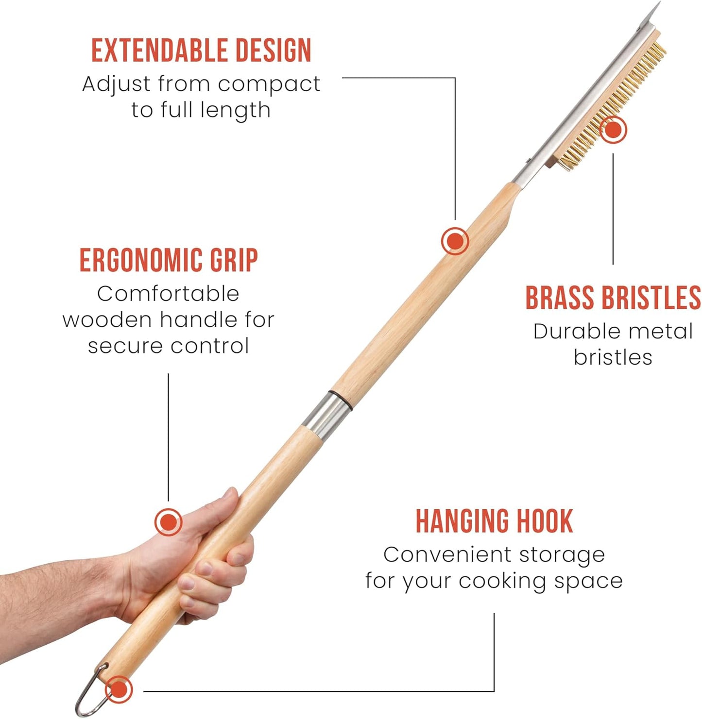 Chef Pomodoro Pizza Oven Brush with Scraper - Adjustable Handle (55cm to 87.7cm), Pizza Stone Brush, Pizza Oven Cleaning Brush, Outdoor Pizza Oven Accessories for Pizza Stones, BBQ Grill, and Ovens