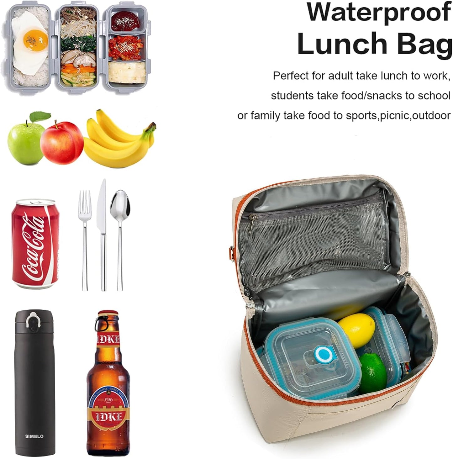 NOL Insulated Lunch Bags for Women Cooler Bag Lightweight Nylon Waterproof Lunch Box For Work (Medium(normal), Cream/orange)