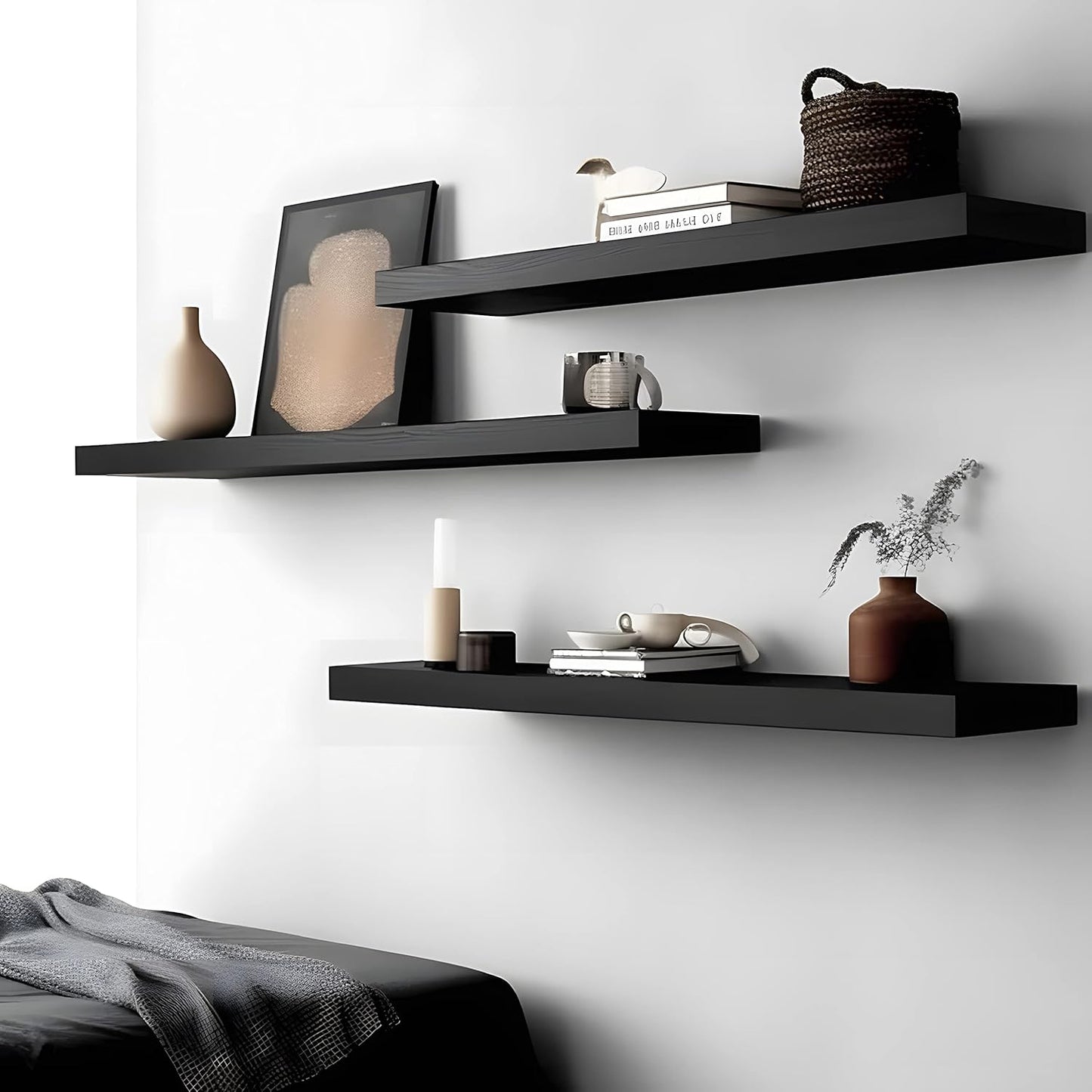 Wood Floating Shelves for Wall, Wooden Wall Shelves for Bedroom, Wall Mounted Shelves for Living Room, Set of 4 Black 24 Inch