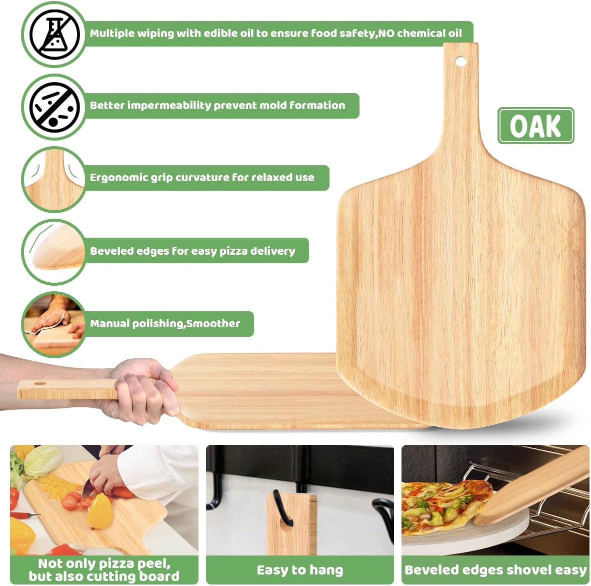 5 PCS Large Pizza Stone Set,Heavy Duty 16" Pizza Stone for Oven and Grill with Handle Rack,Pizza Peel(OAK), Pizza Cutter Rocker & Cooking Paper,Large Baking Stone for Pizza, Bread