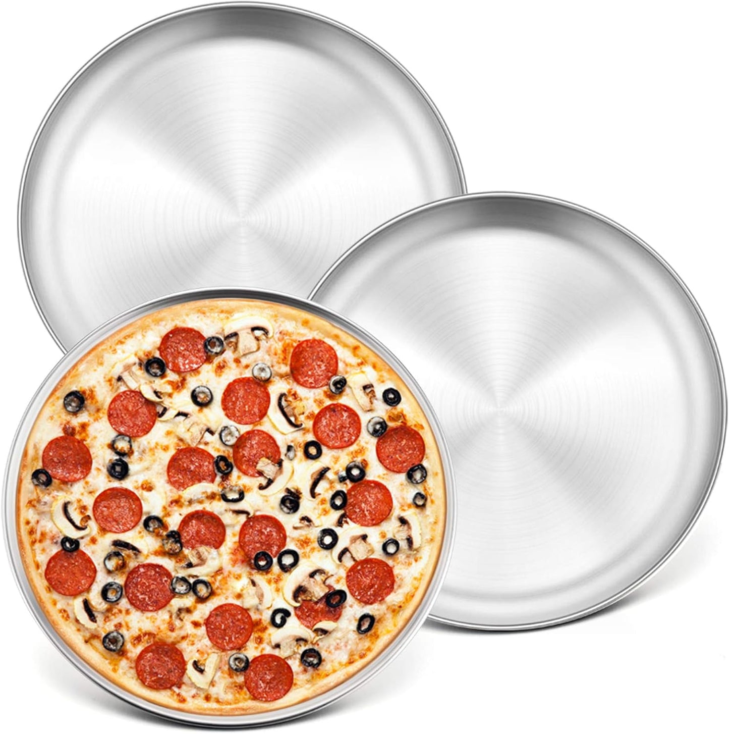 P&P CHEF 10 Inch Pizza Pan, 3 Pieces Stainless Steel Round Pizza Tray Dish Plate For Oven Baking Roasting, Healthy & Heavy Duty, Rust Free & Dishwasher Safe -Silver