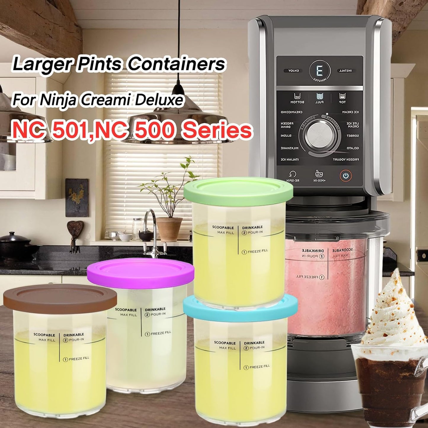 Replacement for Creami Deluxe Pints and Lids 4 Pack,Compatible with Ninja Creami 11-in-1 NC501 NC500 Series Deluxe Ice Cream Maker,24oz Deluxe XL Cups(Purple,Blue,Brown,Green)