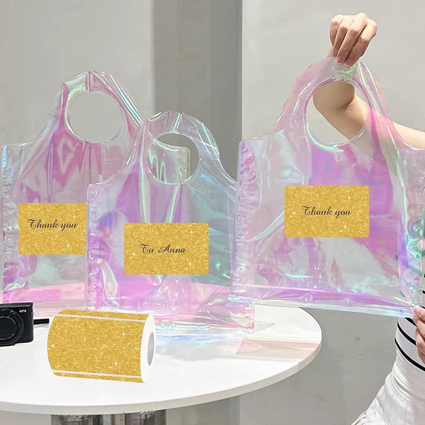 3x2 Inch Holographic Thermal Labels, Shiny Gold Thermal Sticker Labels, Rainbow Glitter Stickers for Price, Barcode, Mailing, Name, DIY Custom Logo Design, 200 pcs/1 Roll