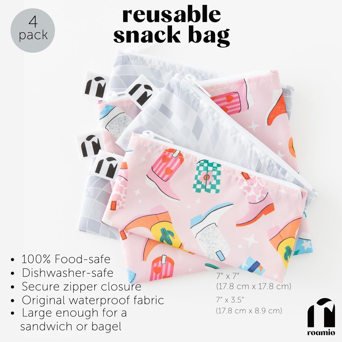 Roamio Reusable Sandwich and Snack Bags, for Kids School Lunch and for Adults Portion, Washable Fabric, Waterproof Cloth Zip Bag, Travel Pouch, Food-Safe Storage, 4-pack Set Cowgirl Boots and Disco