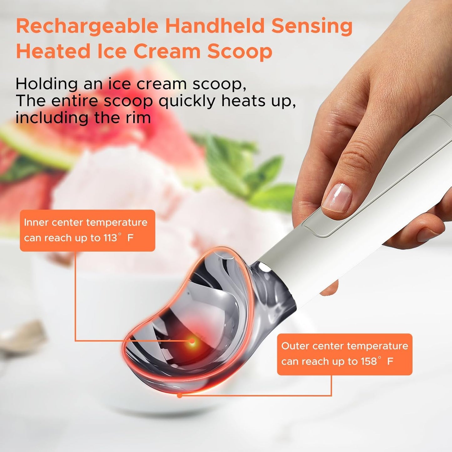 NEWEST Heated Ice Cream Scoop, Rechargeable Electric Warming Scooper with LED Display, Heats to 158°F for Hard Ice Cream, IP67 Waterproof, Easy for Seniors & Kids (White)