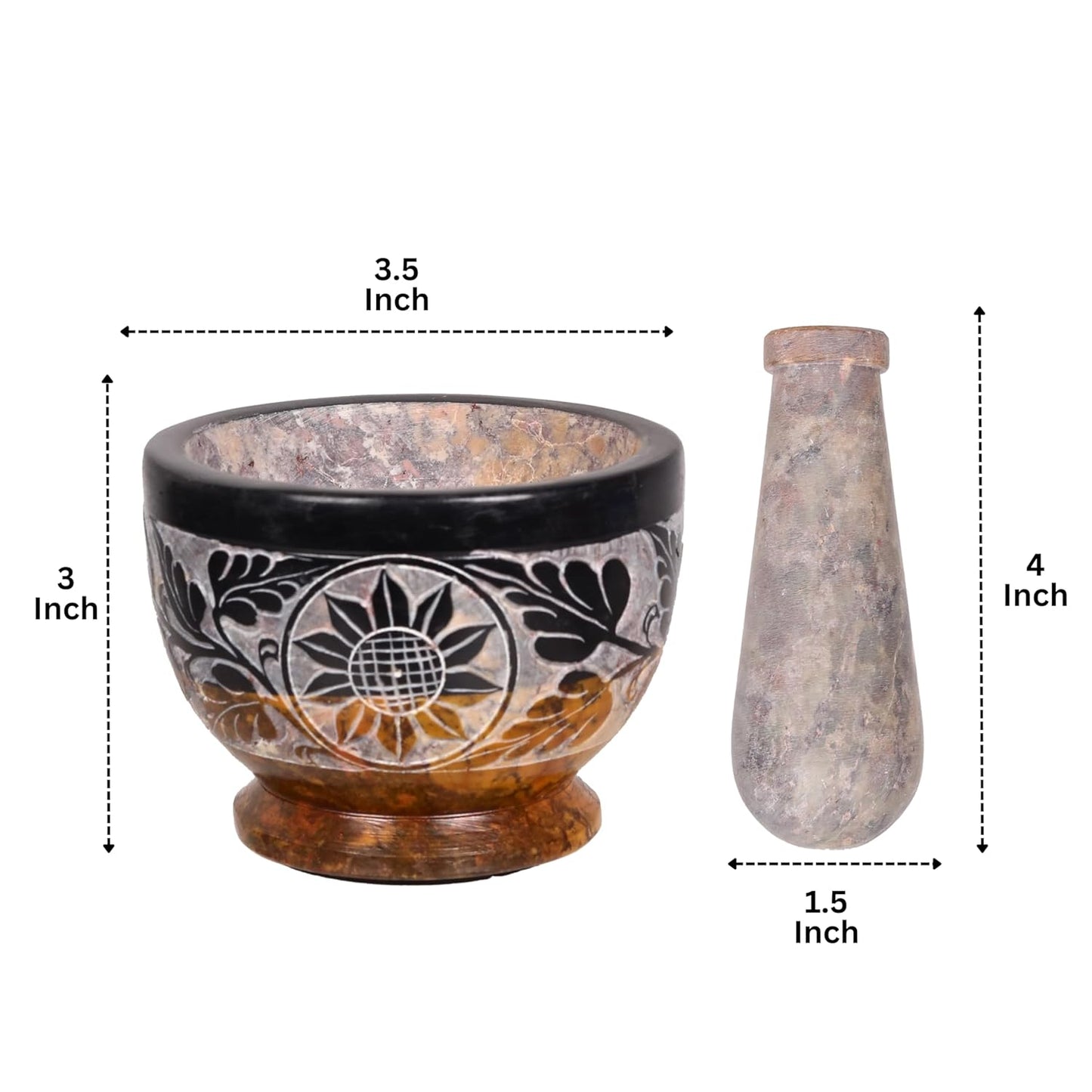 Mortar and Pestle, Made of Heavy Duty Polished Hard Stone, Natural Stone Grinder for Spices, Pastes, Herbs, Seasoning etc. (Black & Yellow)