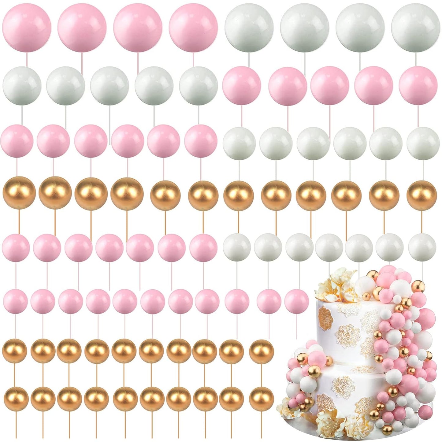 108 Pcs Balls Cake Topper DIY Cupcake Insert Foam Balloons for Cake Baking Wedding Anniversary Birthday Decoration(Pink, White, Gold,Multi Sizes)