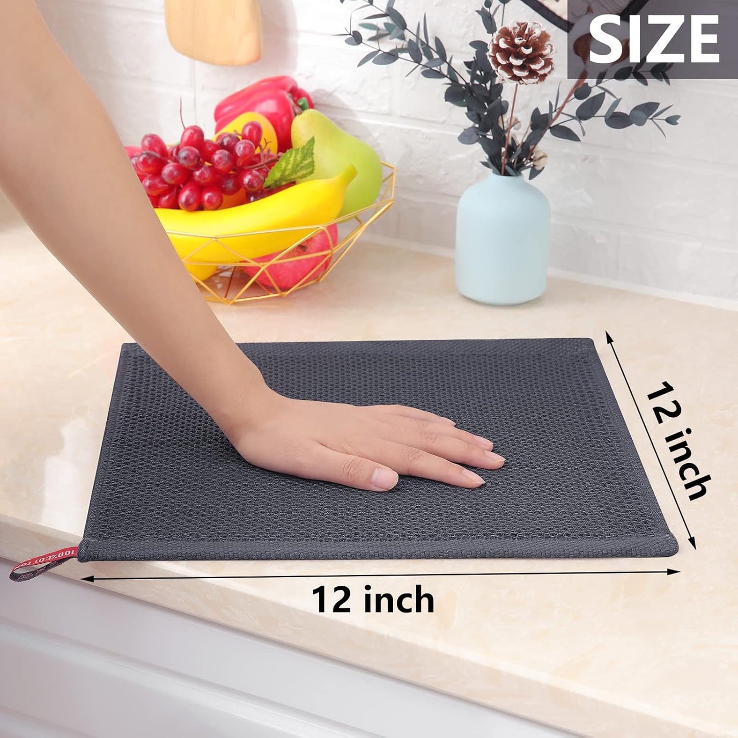 Homaxy 100% Cotton Waffle Weave Kitchen Dish Cloths, Ultra Soft Absorbent Quick Drying Dish Towels, 12 x 12 Inches, 8-Pack, Dark Grey