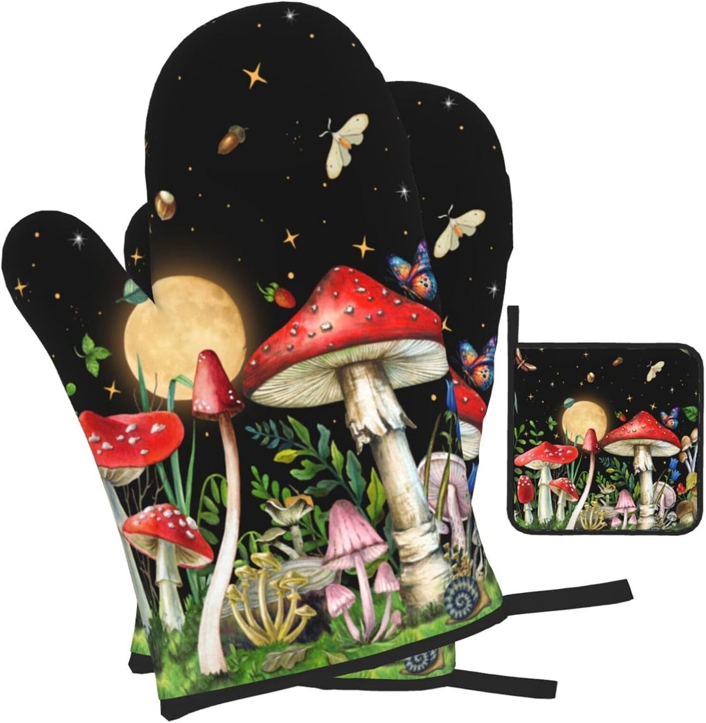 Cute Mushroom Oven Mitts and Pot Holders Sets of 3 Holiday Kitchen Decor Heat Resistant Witchy Hot Pads Oven Gloves for Cooking Grilling Baking
