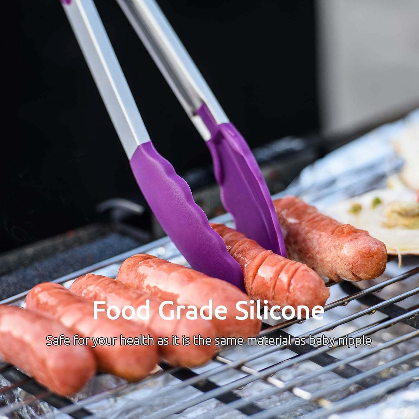 U-Taste Kitchen Tongs, 7/9/12 inches Cooking Tongs, with 600ºF High Heat-Resistant Non-Stick Silicone Tips, 18/8 Stainless Steel Handle, for Food Grill, Salad, BBQ, Frying, Serving, Pack of 3(Purple)