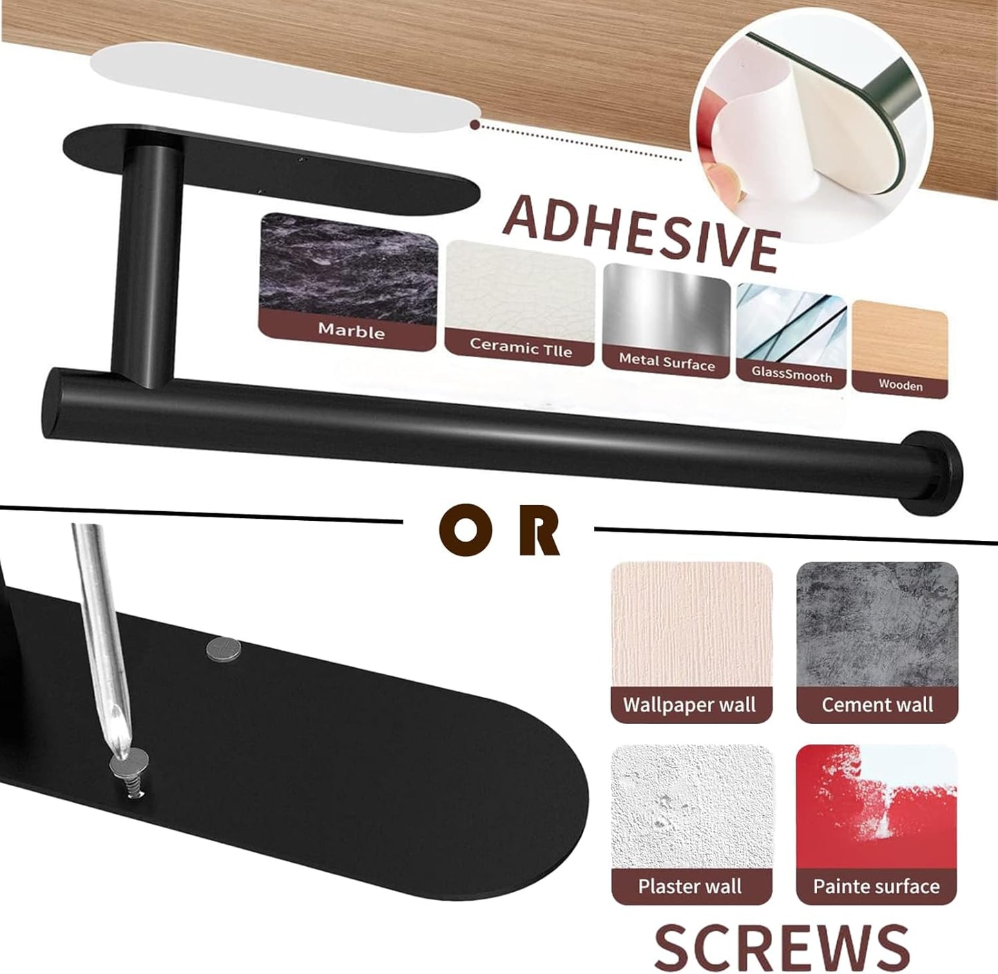 Self Adhesive or Drilling Paper Towel Holder Under Cabinet,Black Stainless Steel Hanging Paper Towel Holder Wall Mount for Kitchen Paper Towel,Under Counter Paper Towel Roll Rack for Home,Bathroom,RV