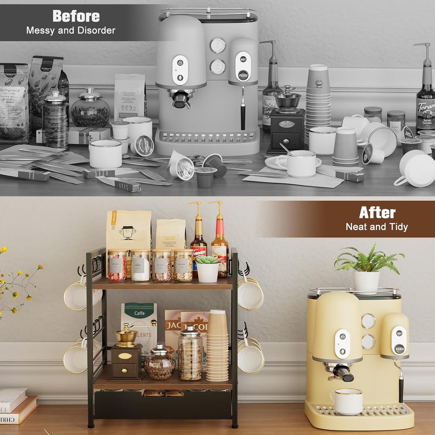 Coffee Bar Organizer, 3 Tier Coffee Station Organizer for Countertop, 30 K Cup Pod Drawer, Mug Cup Holder Stand With 12 Hooks, Multifunctional K Pods Shelf Storage Holder Drawer