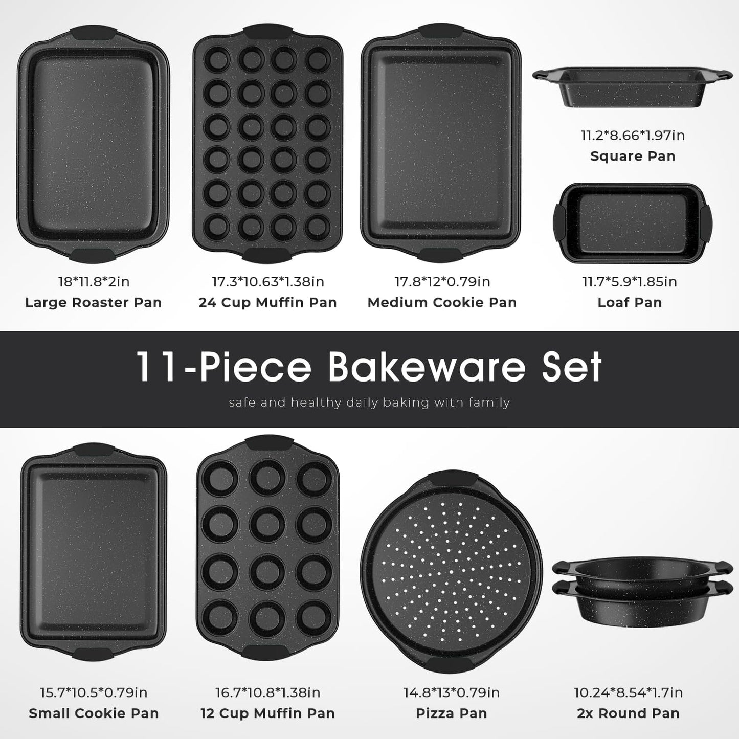 11-Piece Nonstick Baking Pan Set, Stackable Bakeware Sets, Oven Pans for Baking with Silicone Handles, Includes Cookie Sheet, Cake Pans, Loaf Pan, Pizza Pan, Muffin Pan, Black
