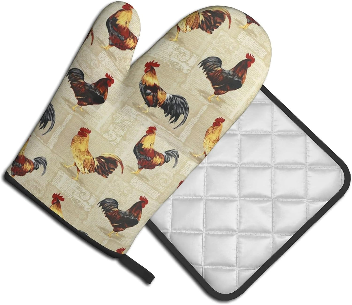 Rustic Rooster Oven Mitts and Pot Holder Set of 2 Farm Animal Print Heat Resistant Gloves Hot Pads for Kitchen Grilling Baking Cooking BBQ