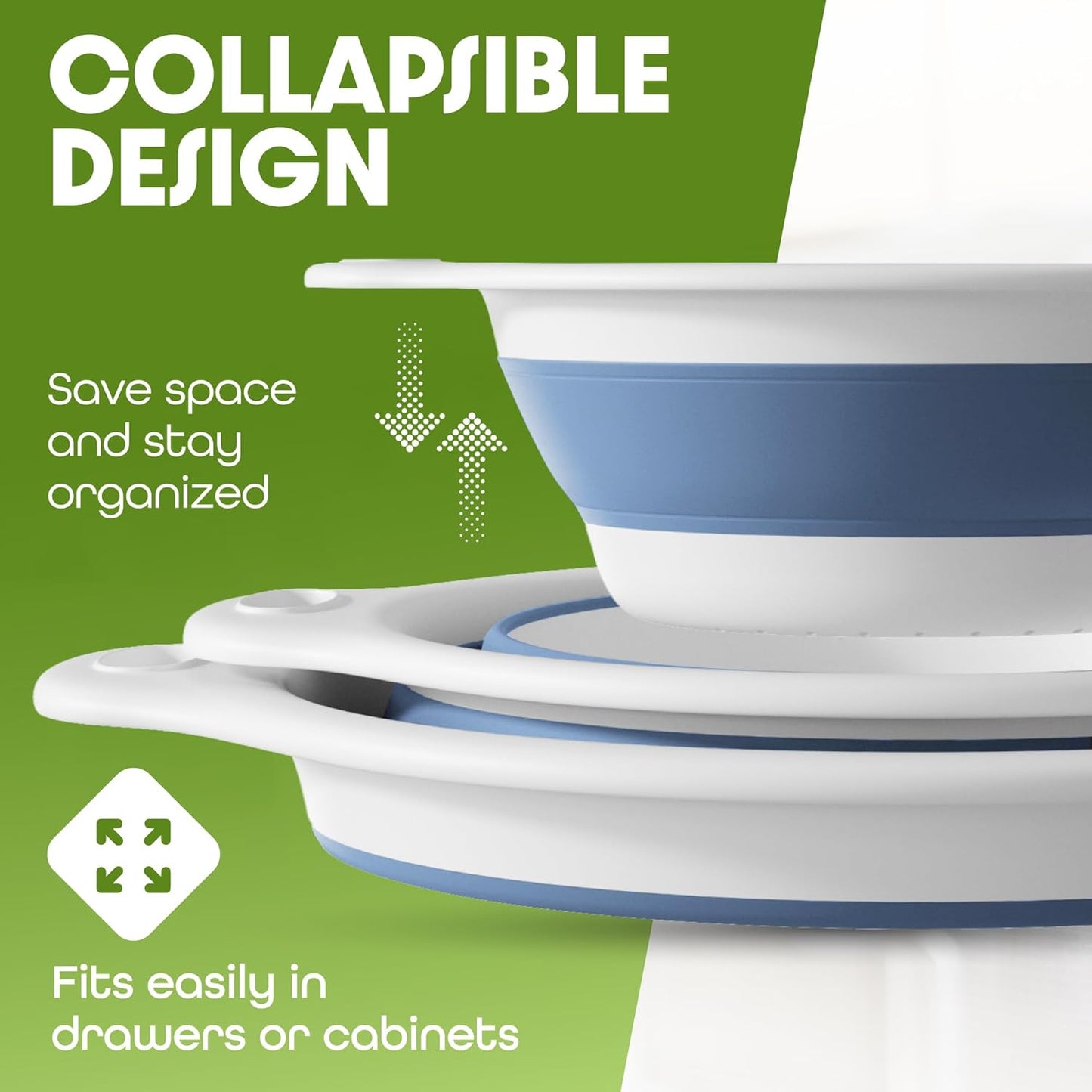 Collapsible Colanders (2 Pack Set) Food Strainers with Over-Sink Water Draining Base for Pasta Fruits and Vegetables (4 and 5 Quart) - White Blue