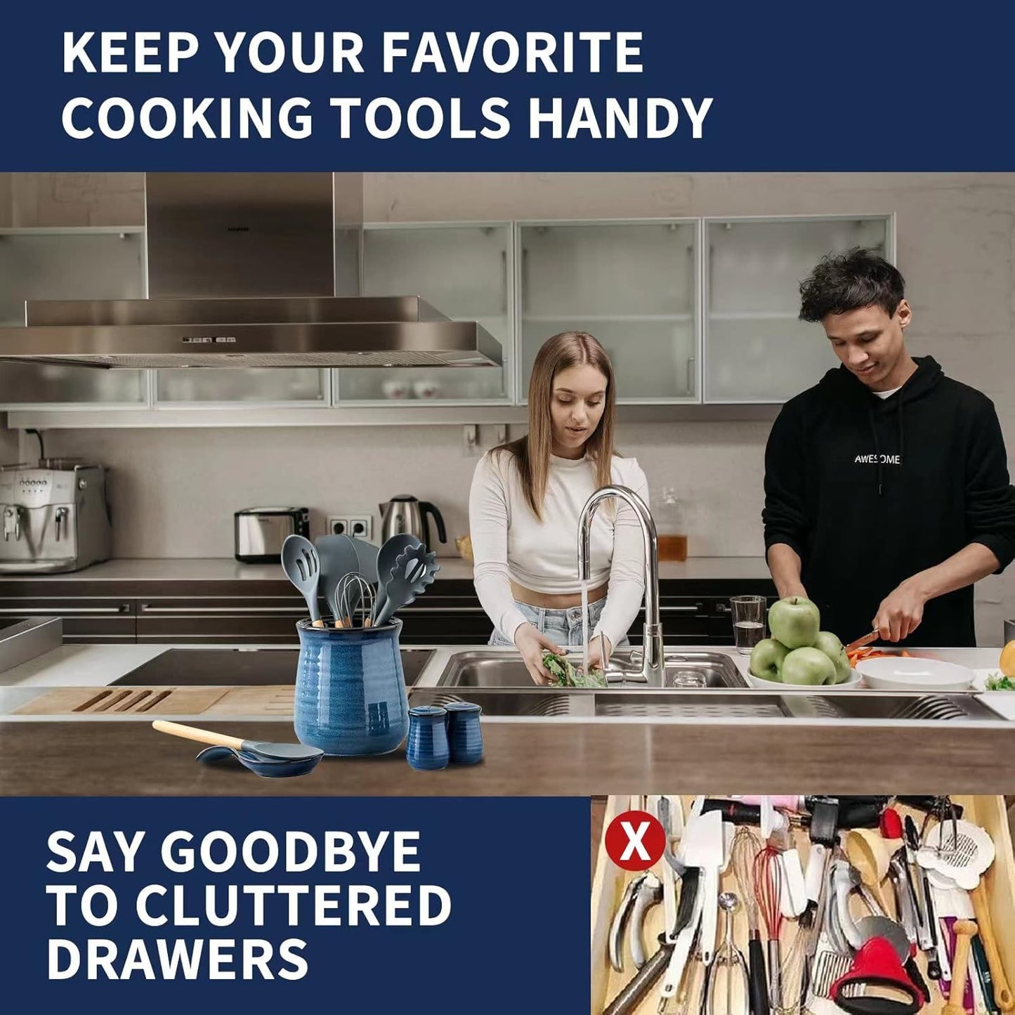 Hasense Extra Large Utensil Holder Crock for Kitchen Counter - 7.1” x 5.9” Vintage Farmhouse Blue Ceramic Caddy Utensil Organizer and Rustic Table Decor for Spatulas, Spoons, and Other Cooking Tools