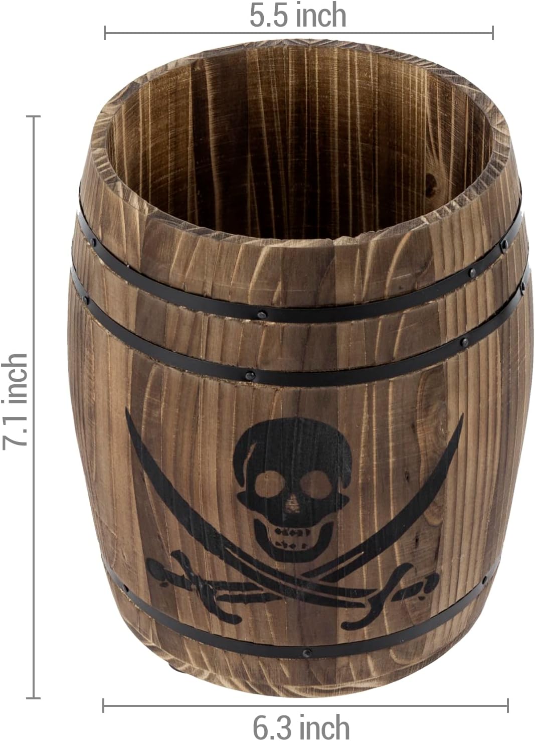 MyGift Rustic Burnt Wood Pirates Rum Cask Style Kitchen Utensil Crock, Vintage French Wine Barrel Cooking Tools Holder with Skull and Cutlass Sword Design