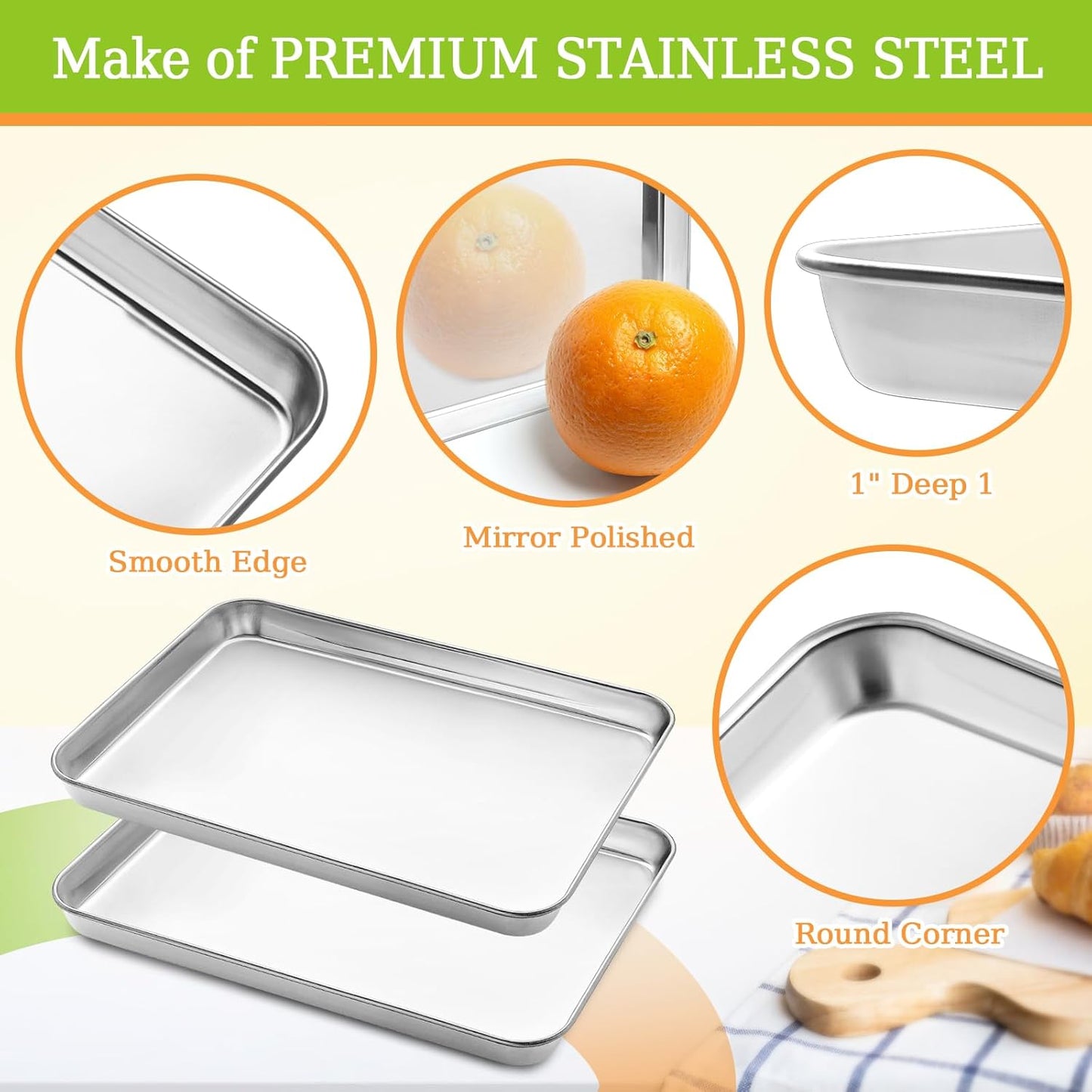 Half Sheet Pan of 2, CEKEE Stainless Steel Baking Sheet Pan Tray Cookie Sheet, Size 18 x 13 x 1 inch, Healthy & Non Toxic, Rust Free & Mirror Finish, Easy Clean & Dishwasher Safe