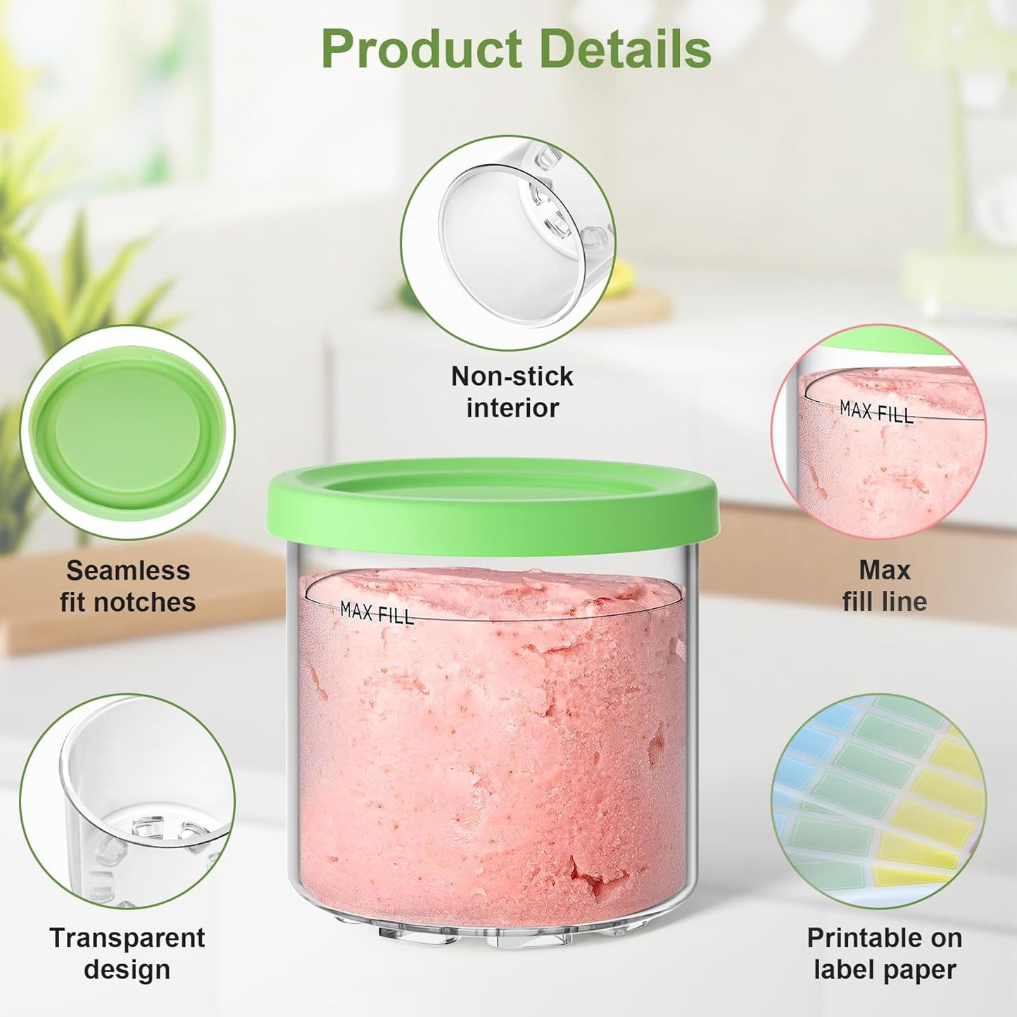 4 Pack Creami Pint Containers and Lids for Ninja with 4 spoons and writable labels, Compatible with Ninja NC299 NC300 NC301 Series Creami Maker Machine Accessories, BPA Free & Dishwasher Safe, Green