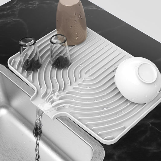Silicone Drying Mat for Kitchen Counter, 18"×12" Silicone Dish Drying Mat with Board Drain,Rubber Kitchen Counter Dry Matt for Dishes Drying Rack(white)