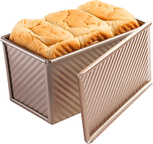 Pullman Loaf Pan with Lid, Non-Stick Bakeware Golden Corrugated Carbon Steel Bread Toast Box Mold with Cover for Baking Bread, 1 lb Dough Capacity