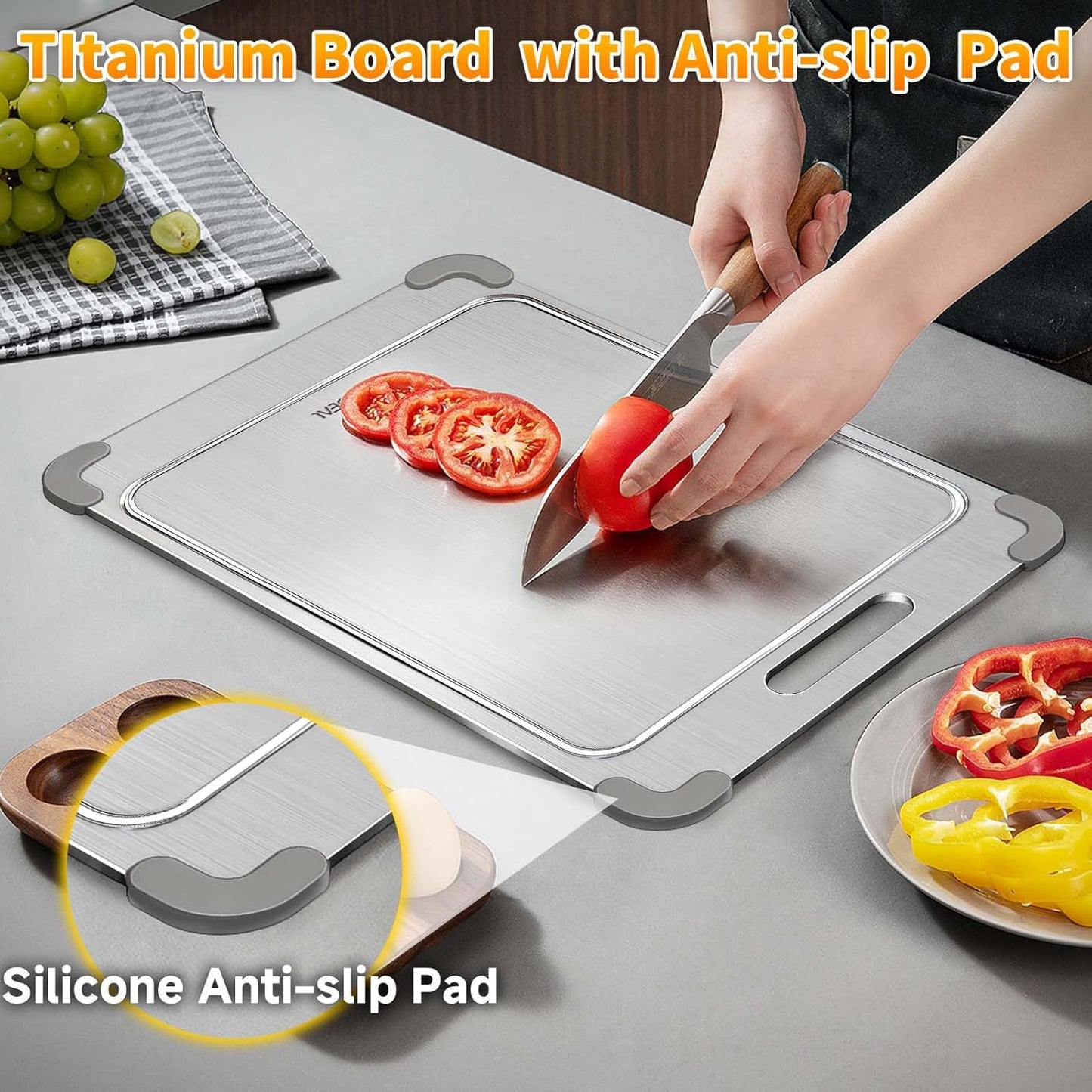 100% Pure Titanium Cutting Board with Grooves, Update Double Side Titanium Chopping Board, Silicone Anti-slip Stainless Cutting Boards for Kitchen 9 * 13 IN, Grey