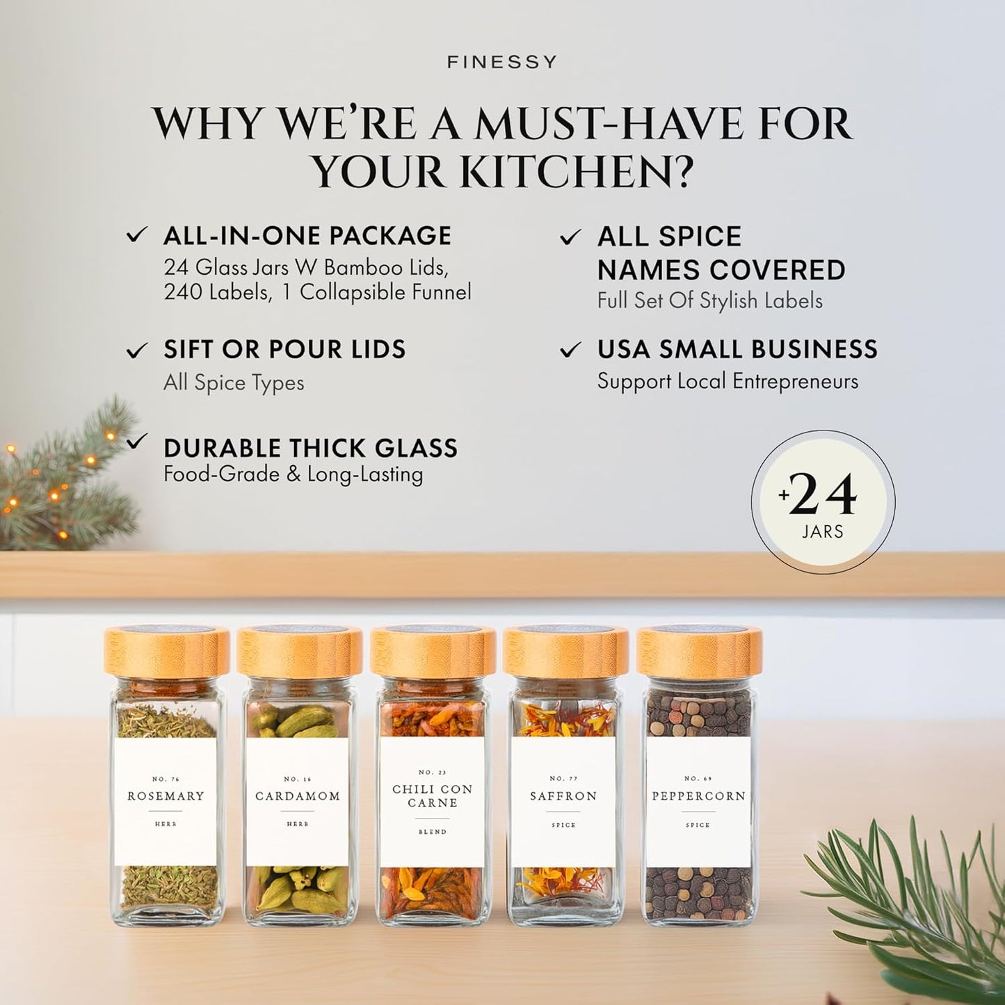 FINESSY Bamboo Glass Spice Jars with Labels and Shaker Lids Clear Empty 4oz 24 Pack Bottles Set, Glass Spice Containers with Labels, Seasoning Organizer Jars