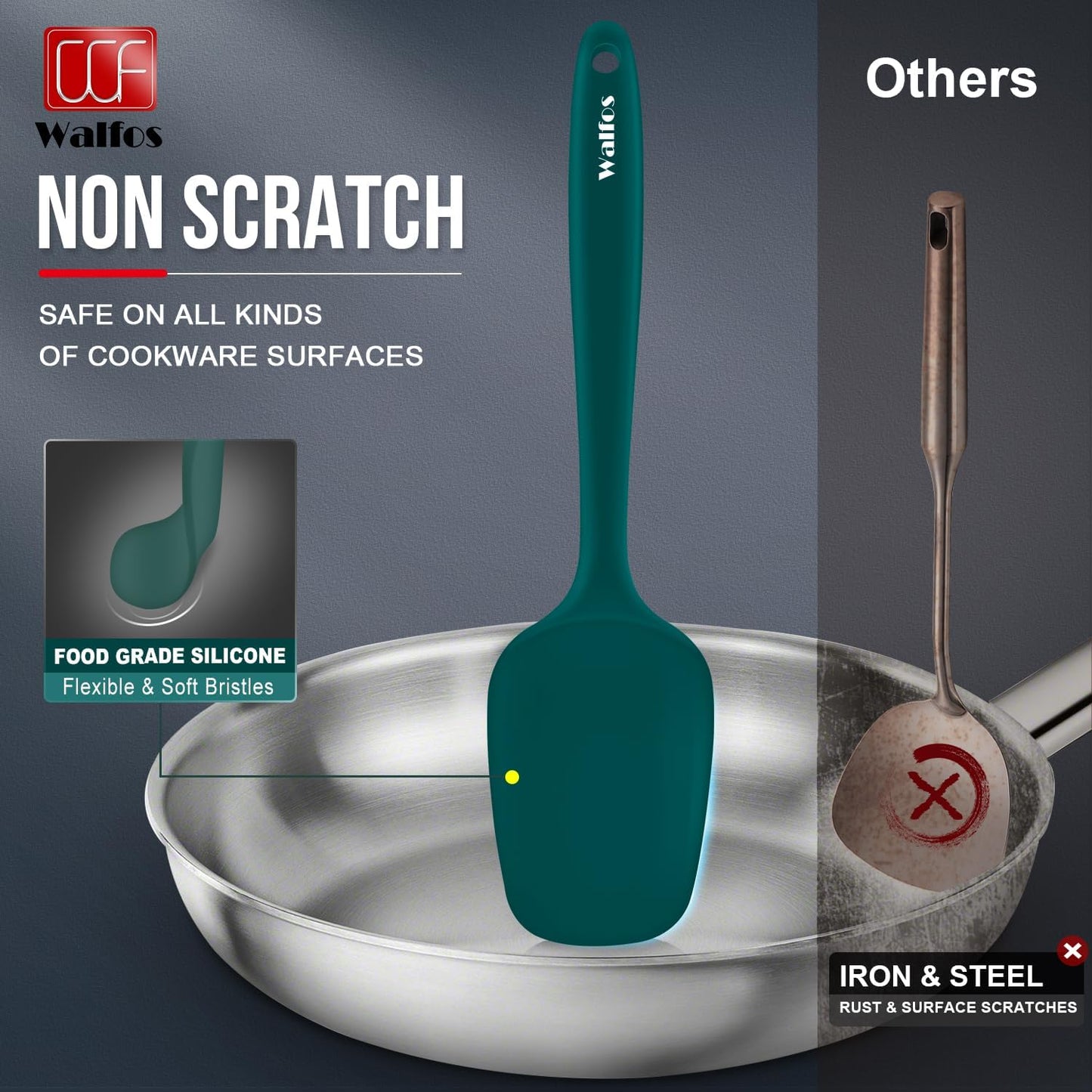 Walfos Silicone Spatula Set of 5 - (600°F) High Heat Resistant Dark Green Kitchen Scraper Spatulas, One-Pieces Seamless Design, Perfect for Cooking Mixing & Baking - BPA Free and Dishwasher Safe