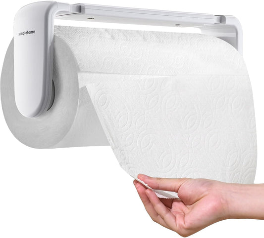 simpletome Paper Towel Holder Under Cabinet or Wall Mount ONE Hand Operation Tension Arm Kitchen Roll Holder (White, for 18-23cm/7-9inches roll)