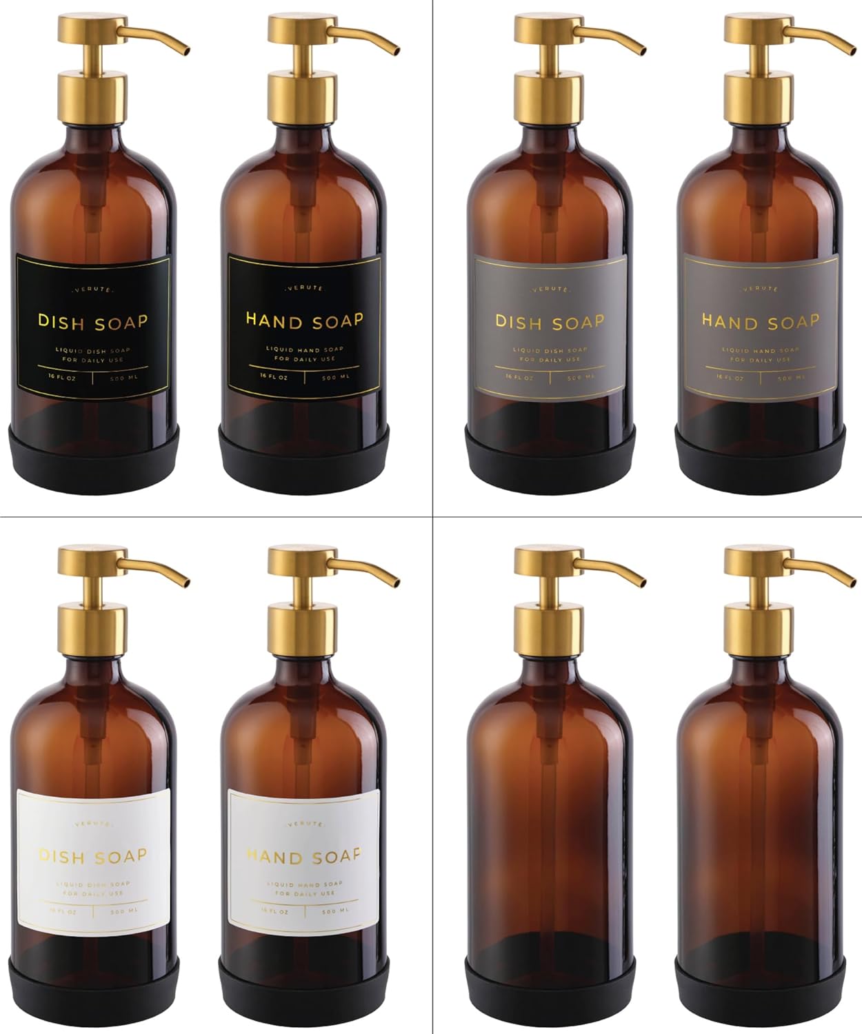 16oz Glass Soap Dispenser with Stainless Steel Pump, 21 Waterproof Labels, Non-Slip Protective Silicone Pad, Set of 2 for Bathroom & Kitchen (Amber Bottle/Brushed Gold Pump)