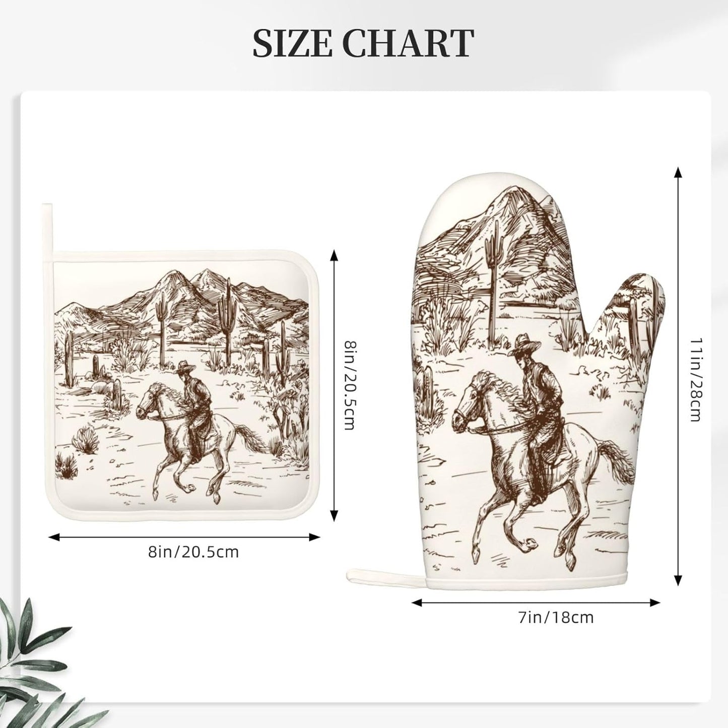 Western Cowboy Oven Mitts and Pot Holders 4 pcs Set Silicone West Cowboy Riding Horse in Desert Kitchen Oven Mitt Gloves Cowboy Pot Holders Non-Slip Heat Resistant Cooking Mitts Set, Beige