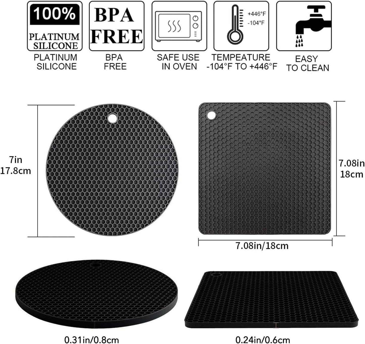 Silicone Trivet Mats, 4 Pack Silicone Pot Holders for Hot Pan and Pot Pads, Heat Resistant Counter Mats for Tables, Countertops, Spoon Rest and Large Coasters, Black & Gray (2 Squared + 2 Round Mats)